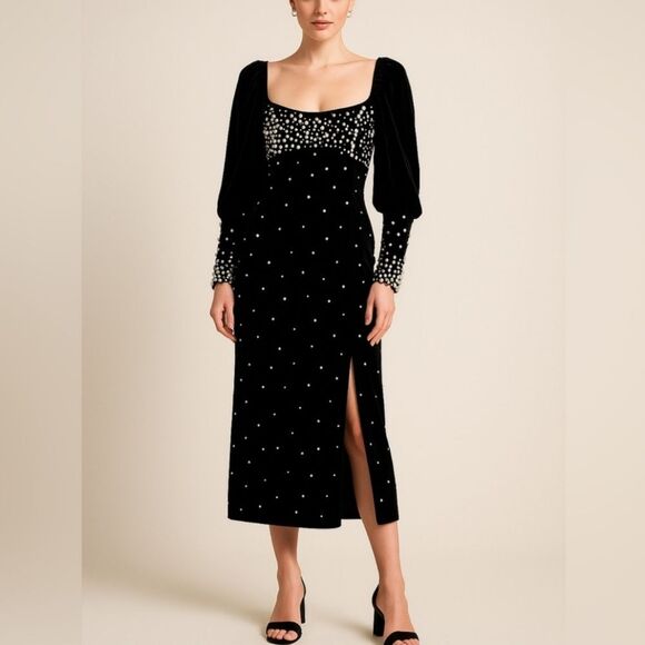 NWT Maeve Velvet Black Long Sleeve Dress with Cream White Pearl Embellished - Picture 1 of 14